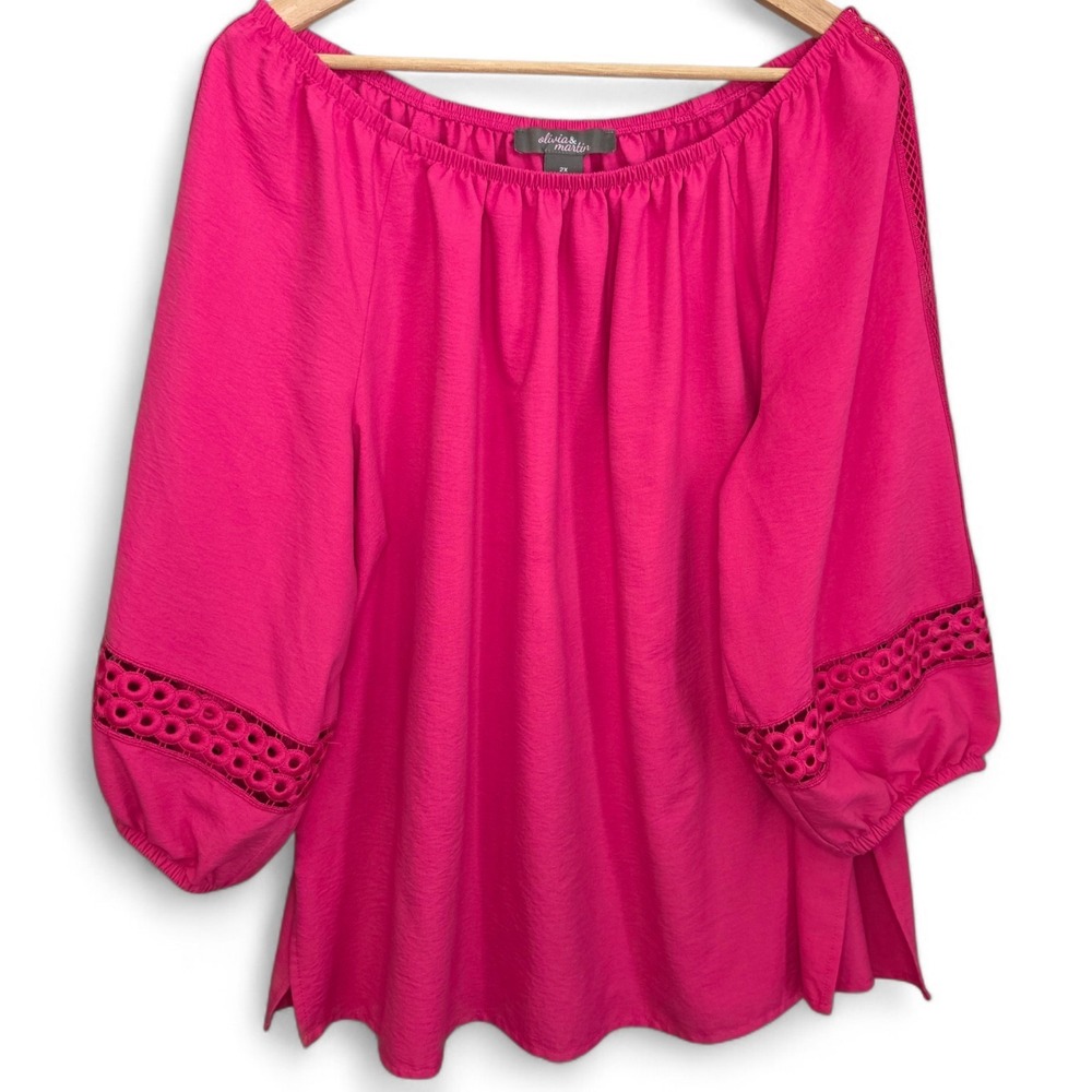 Olivia & Martin Top Womens Plus 2X Pink Peasant Blouse 3/4 Sleeve Casual Ladies